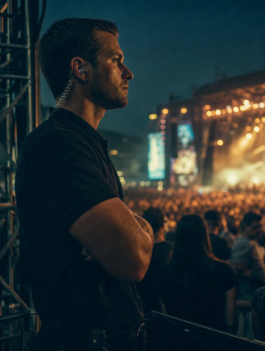 Security officer watching an evening event crowd