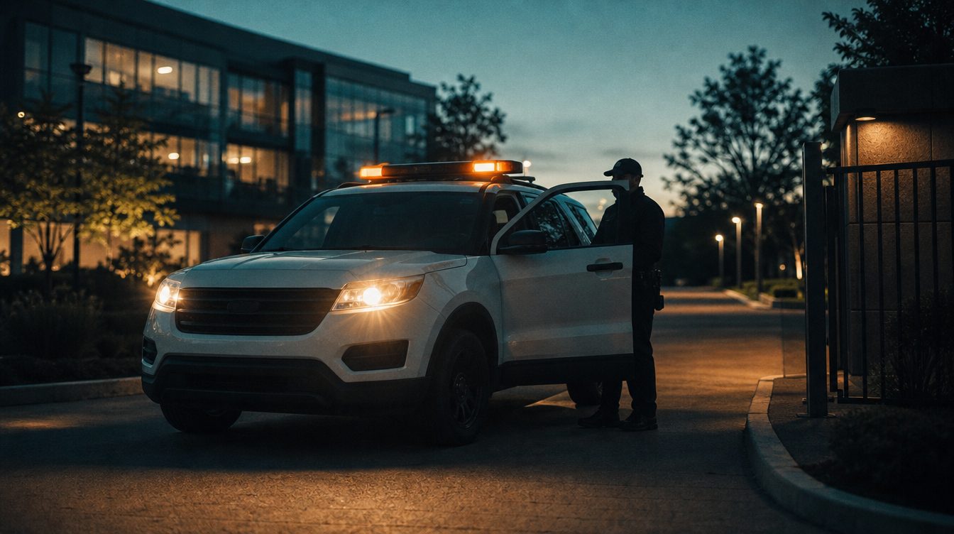 Security patrol vehicle at a business park entrance at dusk