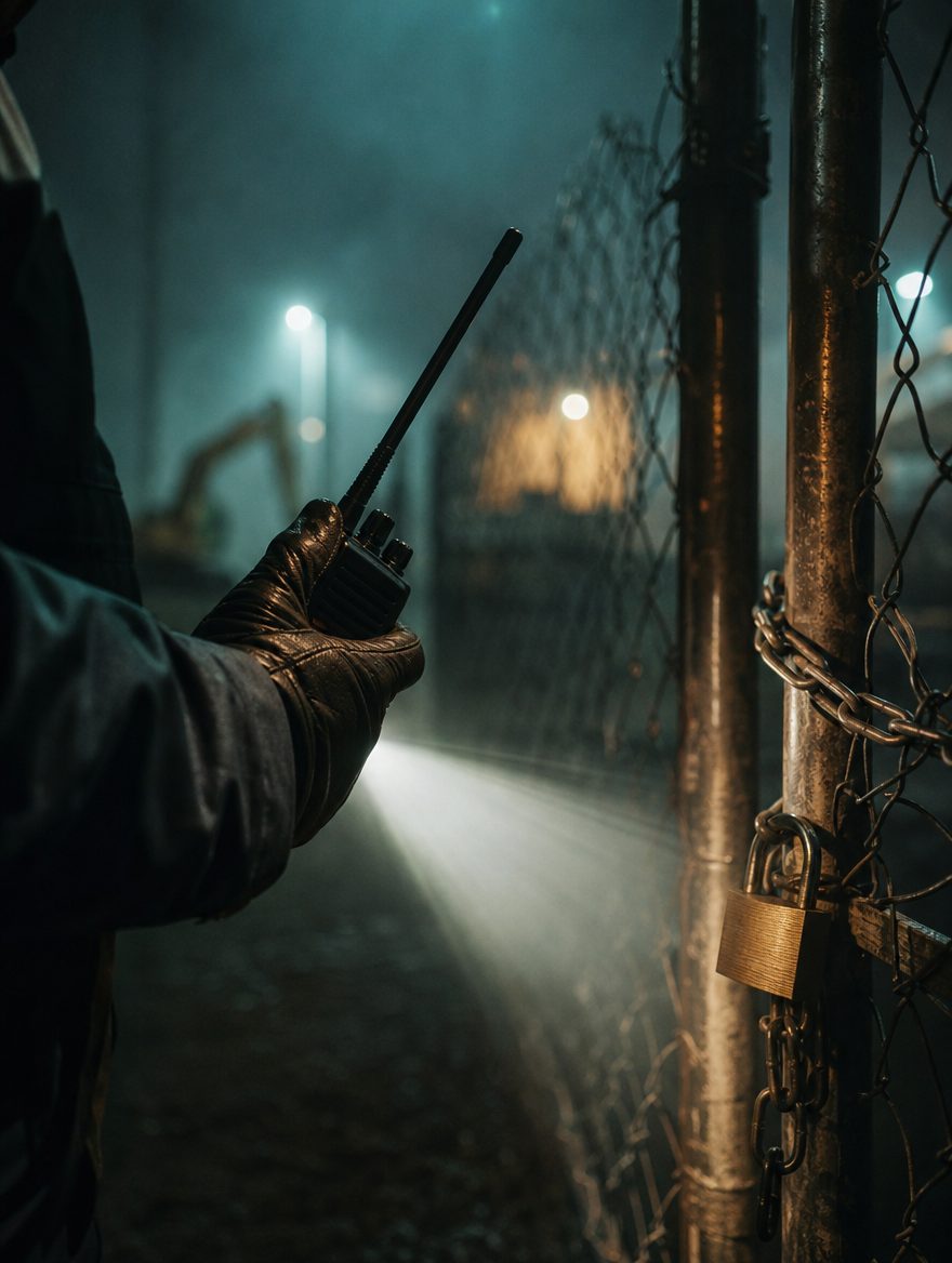Officer's radio and flashlight at a site gate at night