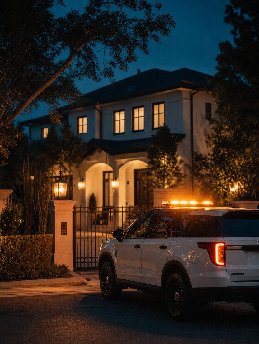 Patrol vehicle light on a quiet residential street at blue hour